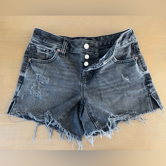 Express Pants - Express Charcoal Black Frayed Distressed Denim Button Fly Jean Shorts